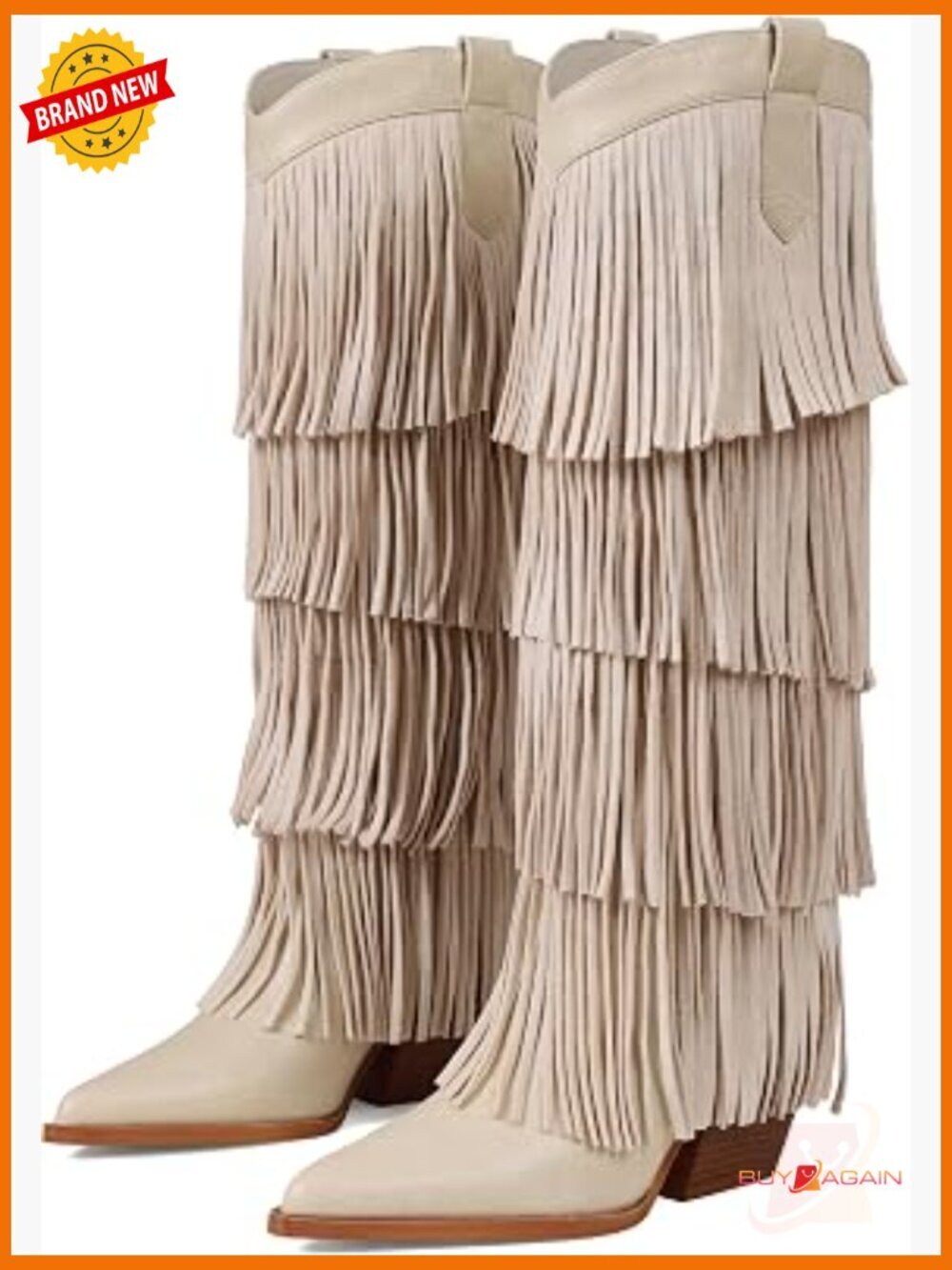 Fringe Knee High Cowboy Boots Chunky Heel Western Pointed Toe Slip on Wide Calf - Picture 1 of 7